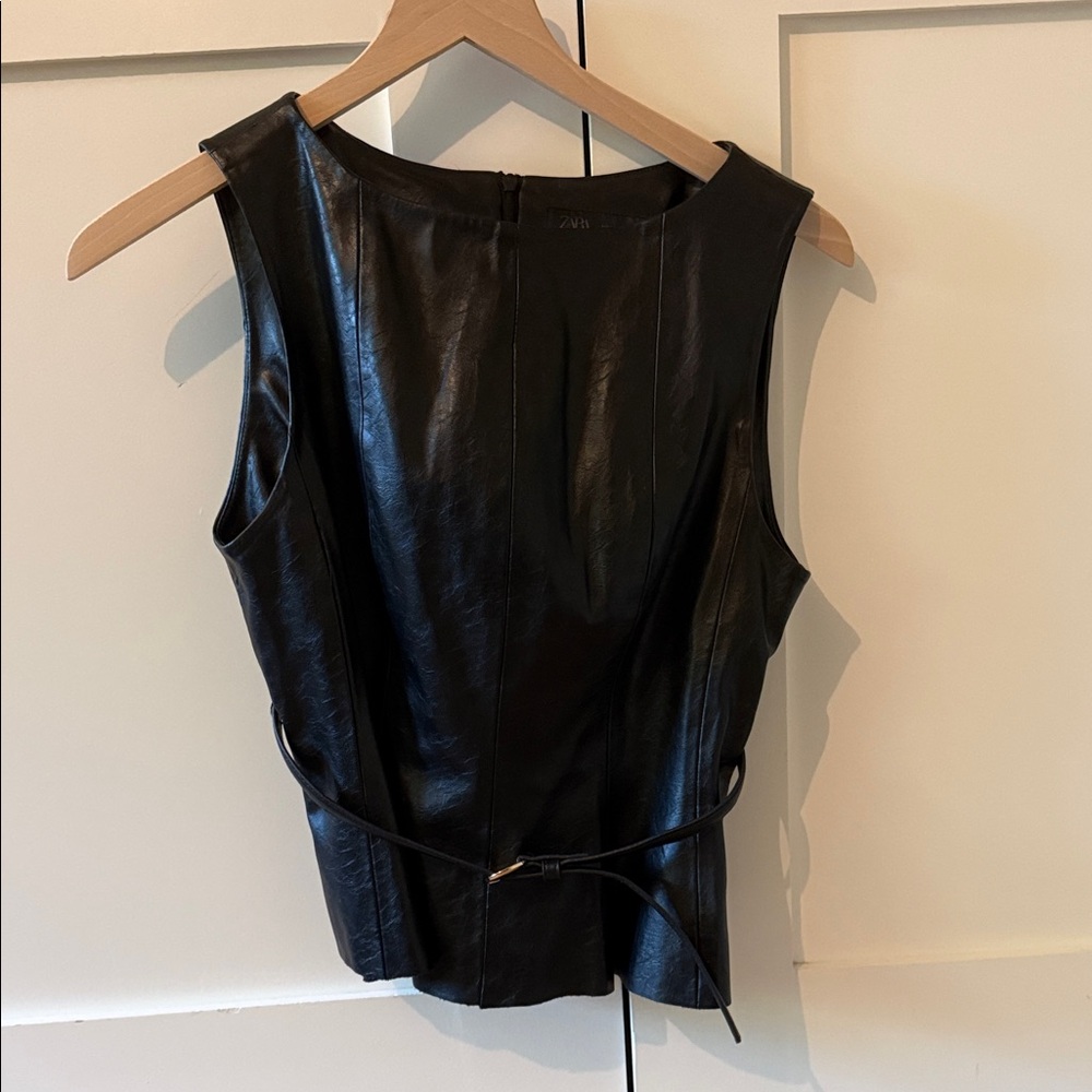Zara Black Faux Leather Sleeveless Belted Vest